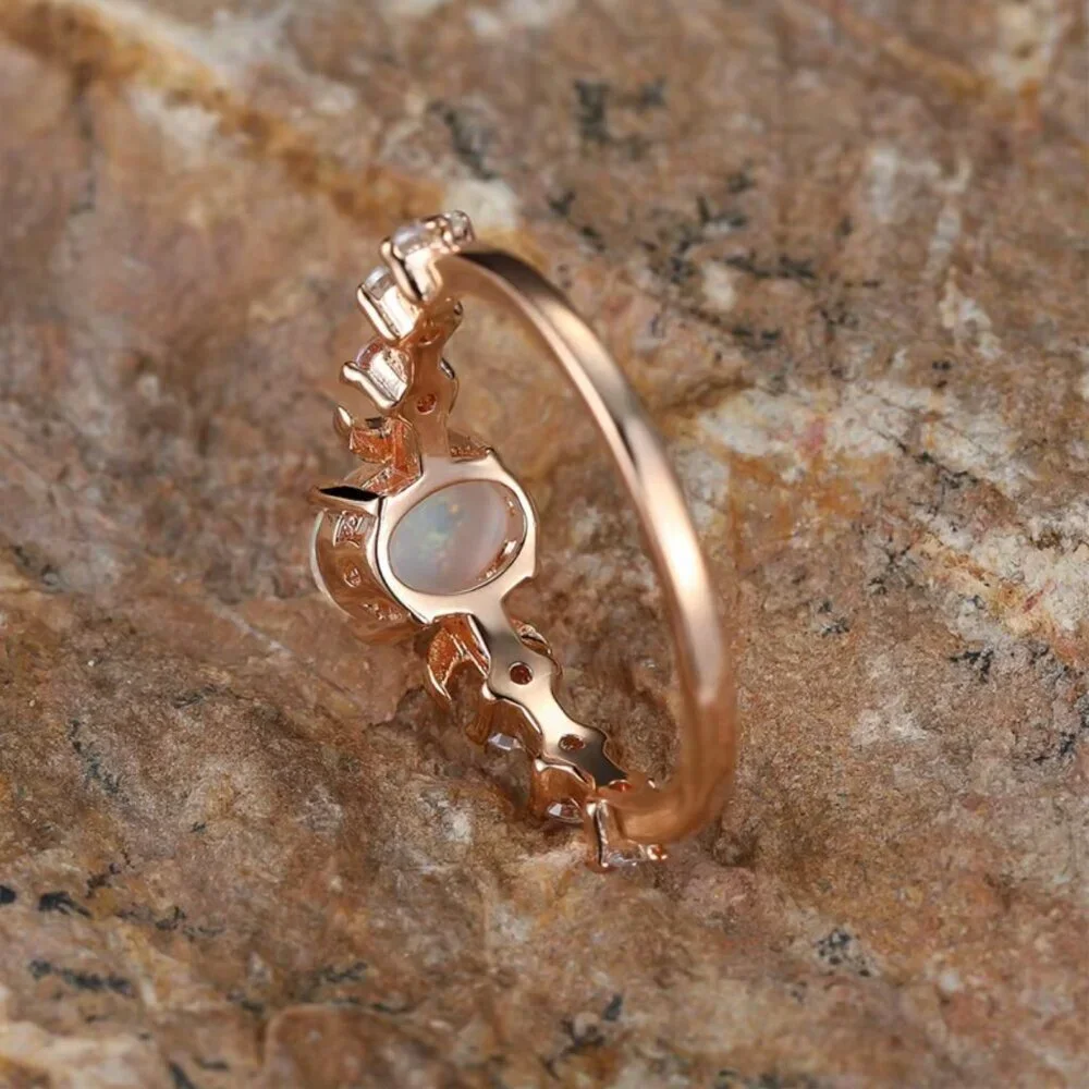 NEW 14k Rose Gold White Opal Diamond Ring Dainty Moon Ring Band